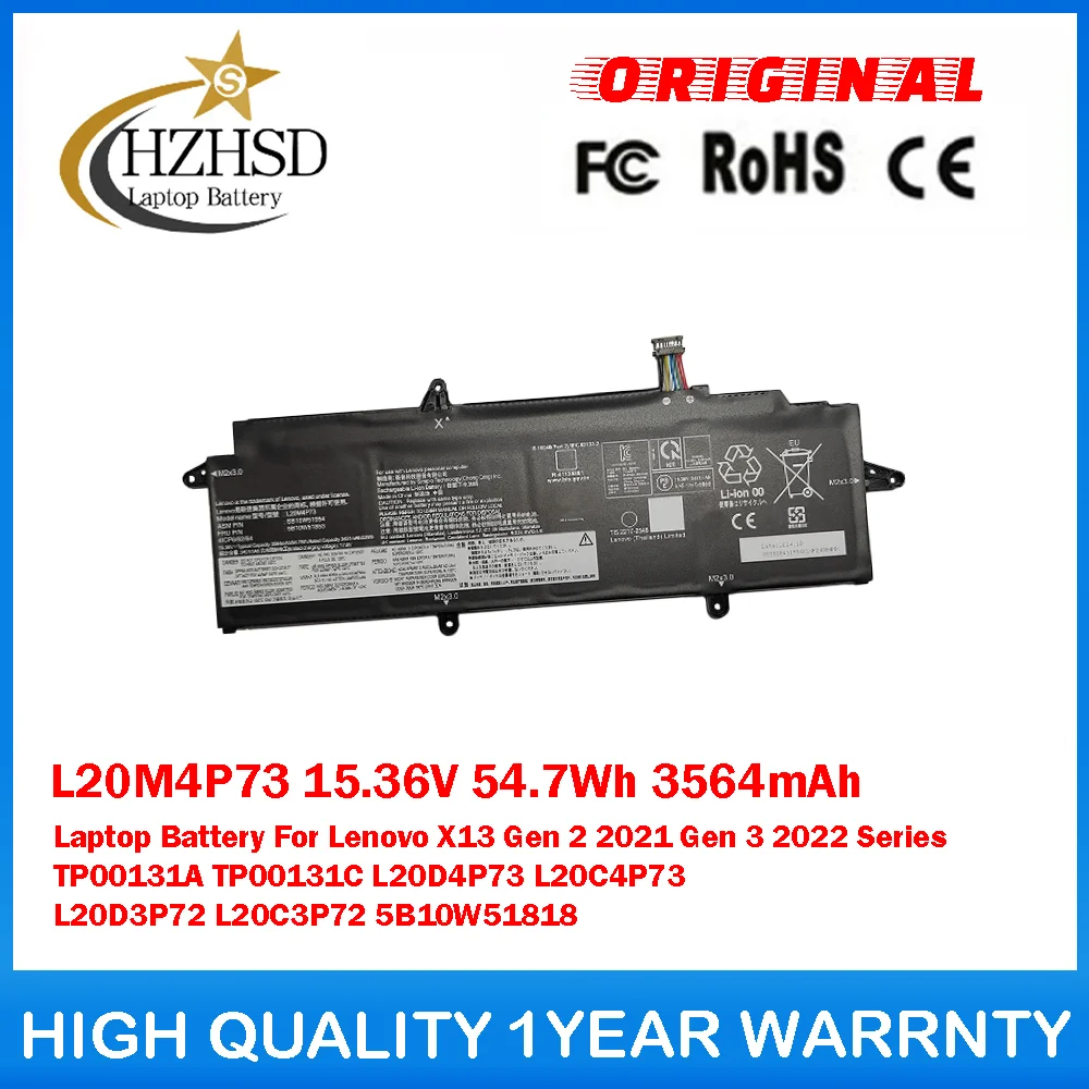 

L20M4P73 15.36V 54.7Wh 3564mAh Laptop Battery For Lenovo X13 Gen2 2021 Gen3 2022 TP00131A TP00131C L20D4P73 L20C4P73 L20D3P72