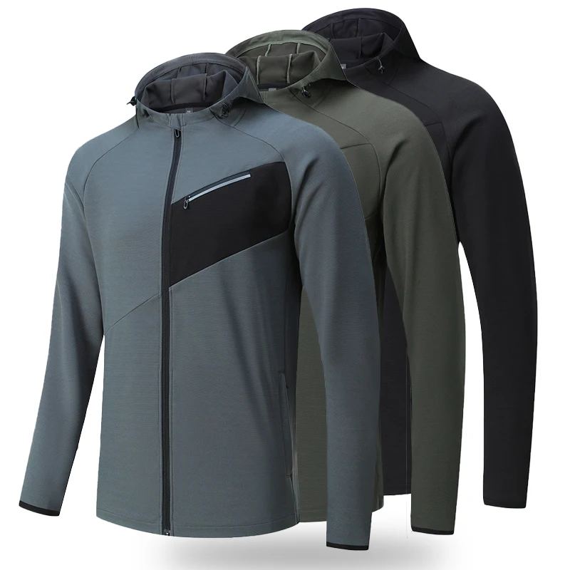 

Men Quick Dry Hooded Running Jacket with Multiple Pockets Zipper Long Sleeve Moisture-wick Fitness Gym Sportwear Jogging Shirt