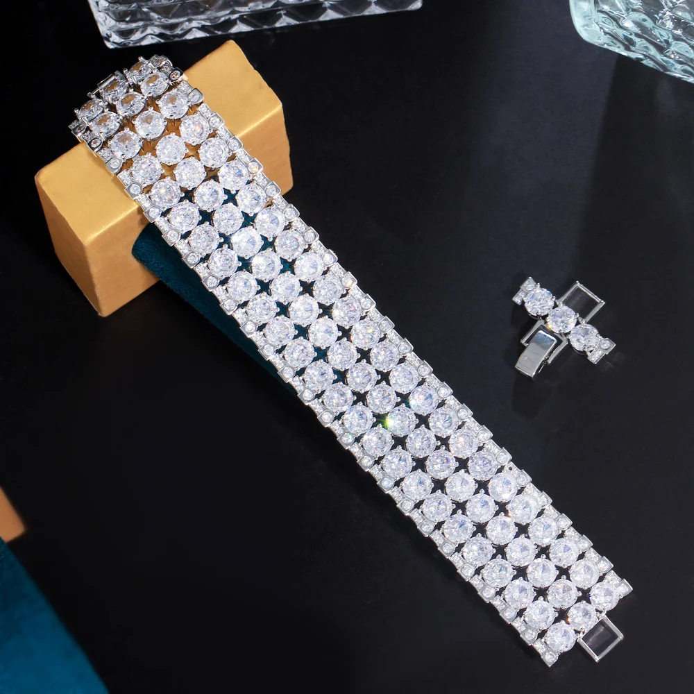 CWWZircons Super Luxuriöses Glänzendes Mehrschichtiges Rundes CZ Statement Breites Großes Armband für Damen Hochzeit Party Schmuck Großhandel S0249 – Detail 5