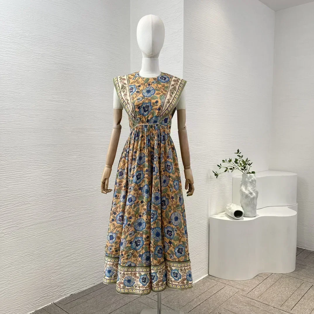 

2024 Latest New High Quality Ramie Yellow Floral Print Sleeveless Pleated Spring Summer Women Vintage Midi Dress