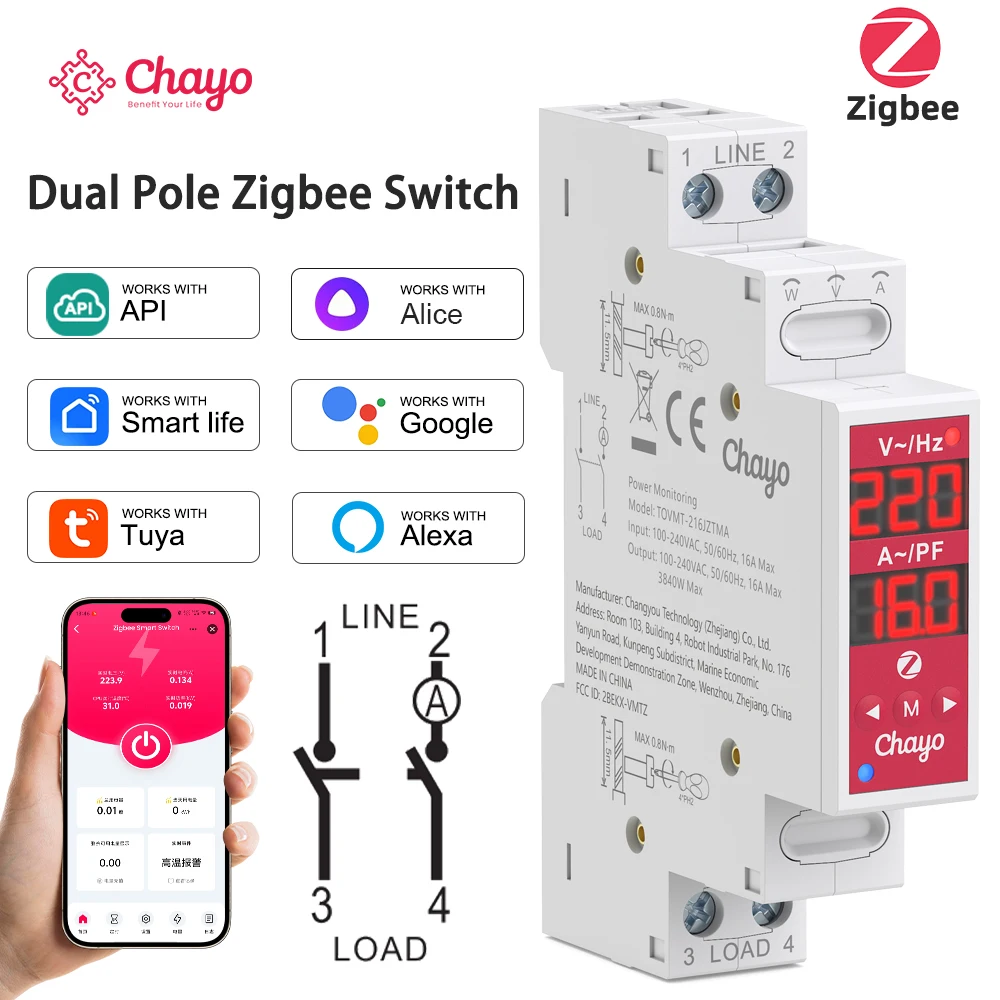 Chayo 18mm 2P Zigbee Smart Switch 16A 100-240V, Dual Pole L/N L/L Cutoff, Over Undervoltage Auto Manual Reclose Smart Life