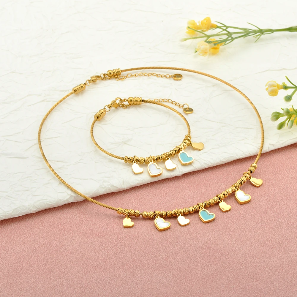 JeeMango الأزرق شل الحب القلب حبة الفولاذ المقاوم للصدأ المرأة المختنقون قلادة PVD مطلي متعدد نمط خاتم هدايا مجوهرات أنيقة N25173