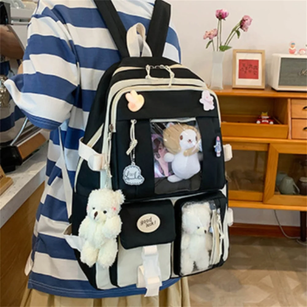 5pcs/Set Kawaii Girls Backpack For Student School Bag Teenager Girls Schoolbag Book Bags Pencil Case Women Travel Computer Tote