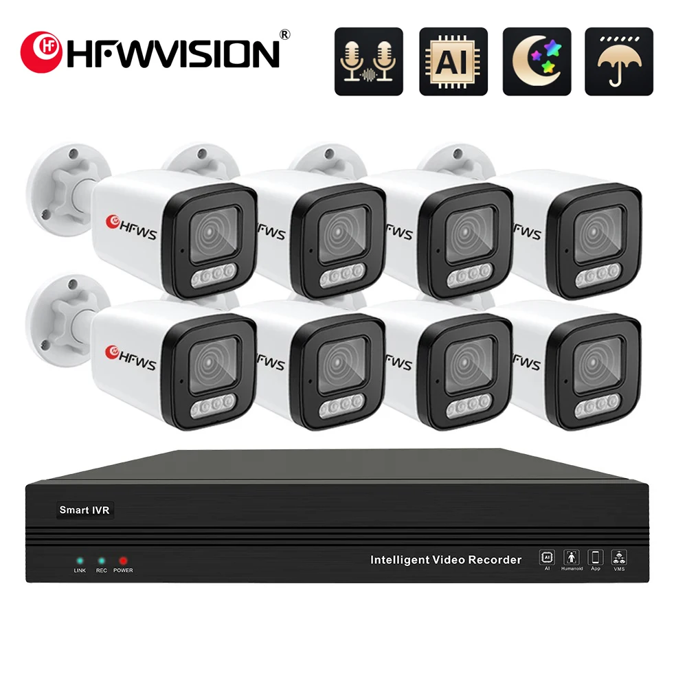 

HFWVISION 4K POE Security Camera System 8CH P2P AI Video Surveillance Kit Two Way Audio Outdoor Home 8MP IP Camera CCTV Nvr Set