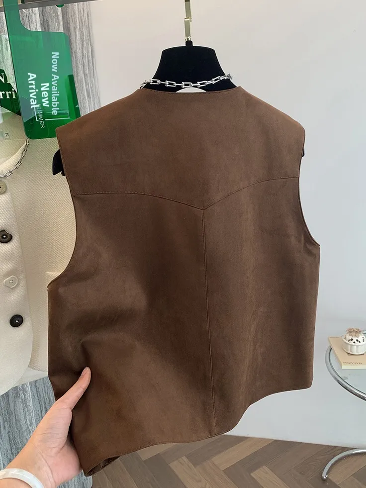 Elegant Suede Short Jacket Women's V-neck Vest Spring Autumn Versatile Fashion Outerwear Comfortable Polyester Fiber