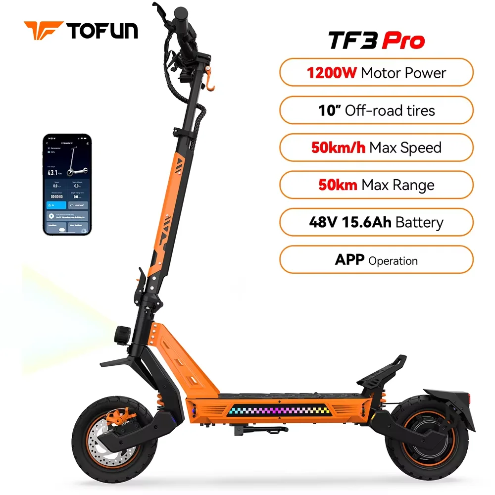 

Электросамокат TOFUN TF3 PRO 1200W с приложением, максимальная скорость 31 миль/ч, запас хода 40-50 км, 48V 15.6Ah, шины 10 дюймов, 4 режима, складной.