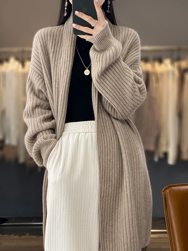 New Fashion Autumn Winter Women Casual Loose Cardigan 100% Merino Wool Sweater Thick Soft Warm Cashmere Knitwear Korean Style