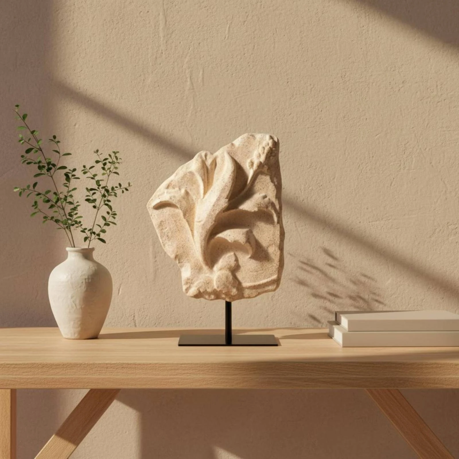 

Rock-Style Sculpture Black Metal Stand Floral Relief Sculpture Resin Ornament Stone-Like Finish Home Decor Tabletop Display