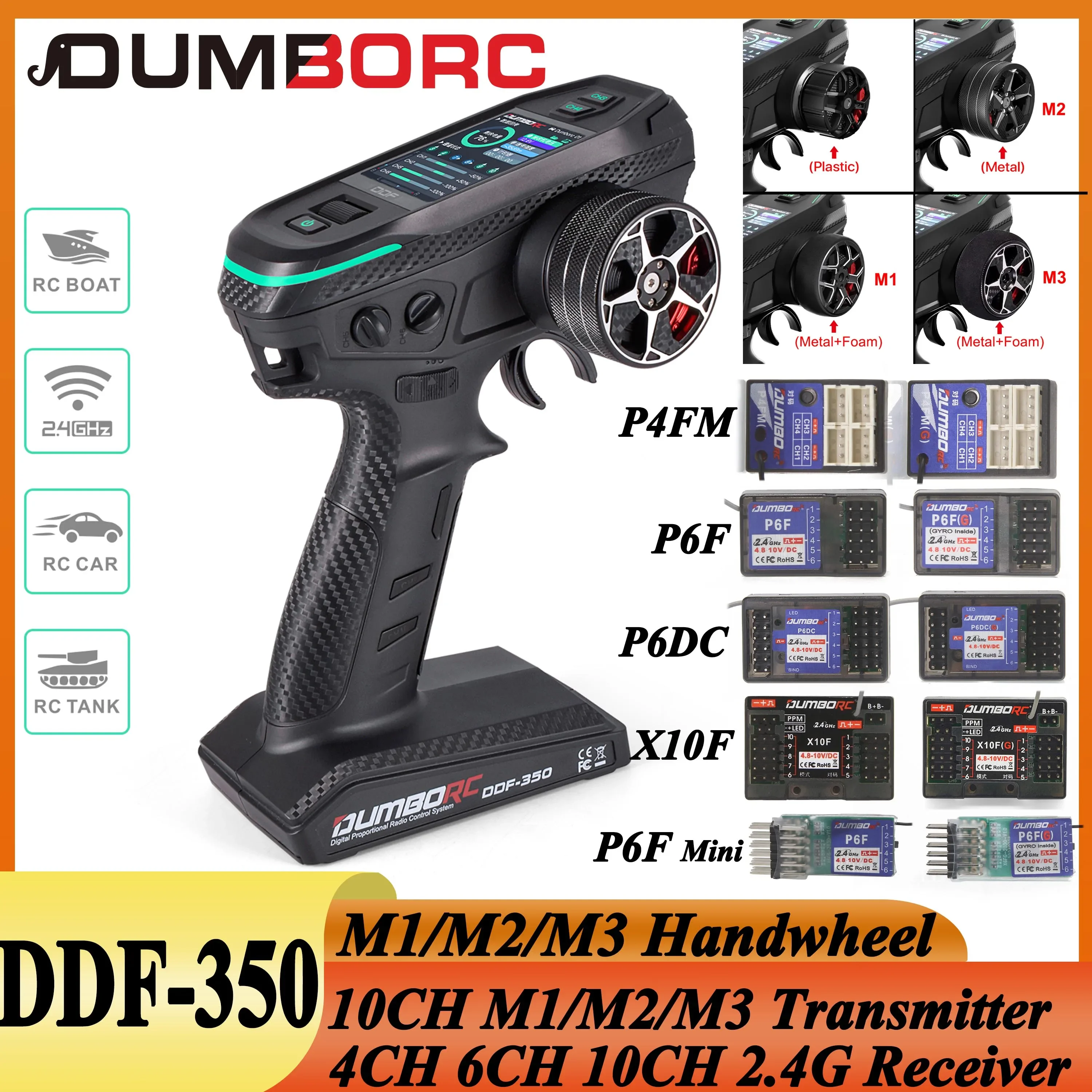 DUMBORC DDF-350 10CH 10 Channel Transmitter P4FM P6DCG Receiver M1 M2 M3 Metal Handwheel Remote Control for RC Car Plane Boat