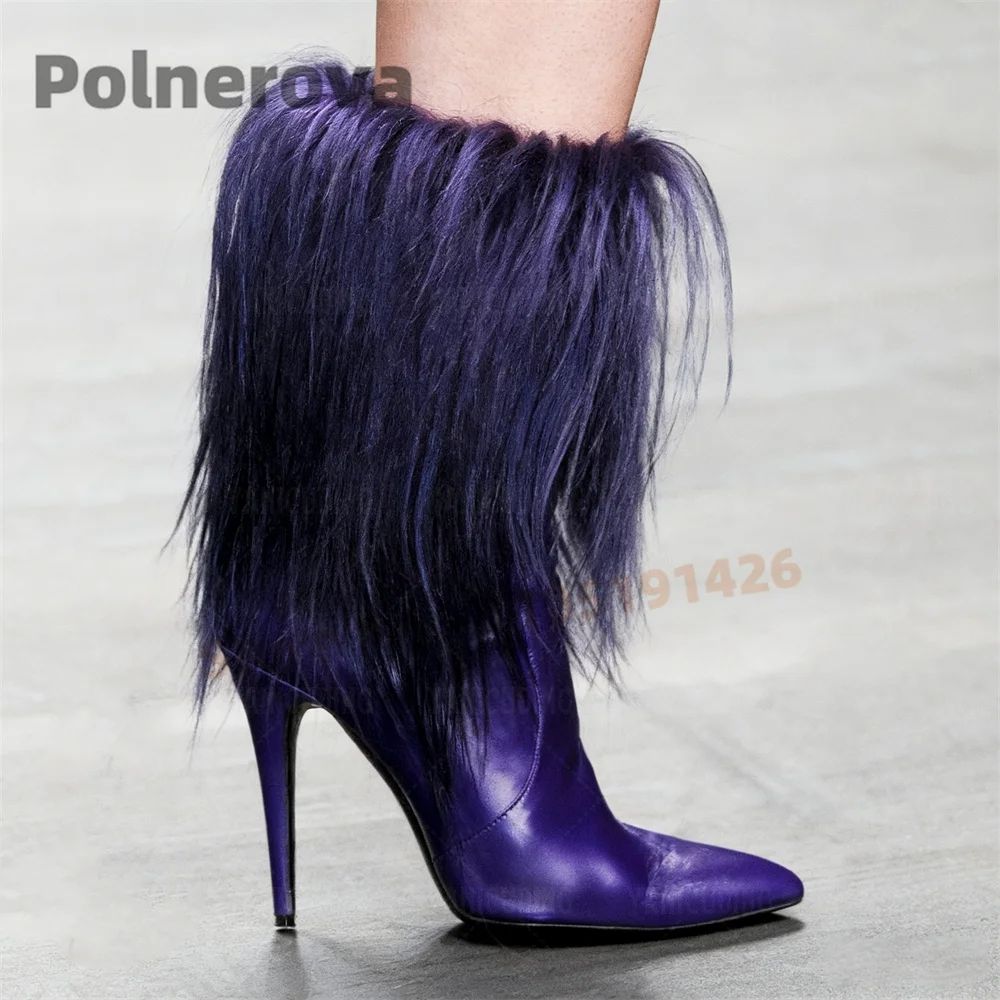 

Pointed Toe Stiletto Furry Boots Women Fluffy Feather Ankle Boots Designer Style Multicolor Handmade Fashion Sexy Slip On Shoes
