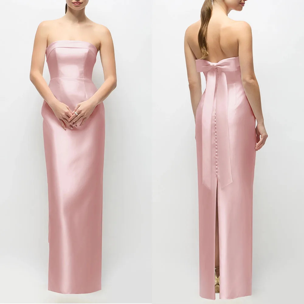 

Customized Strapless Floor Length Straight Pink Bow Buttons Vestidos De Gala De Noche De Lujo Robe Sirene De Soirée فستان ذهبي