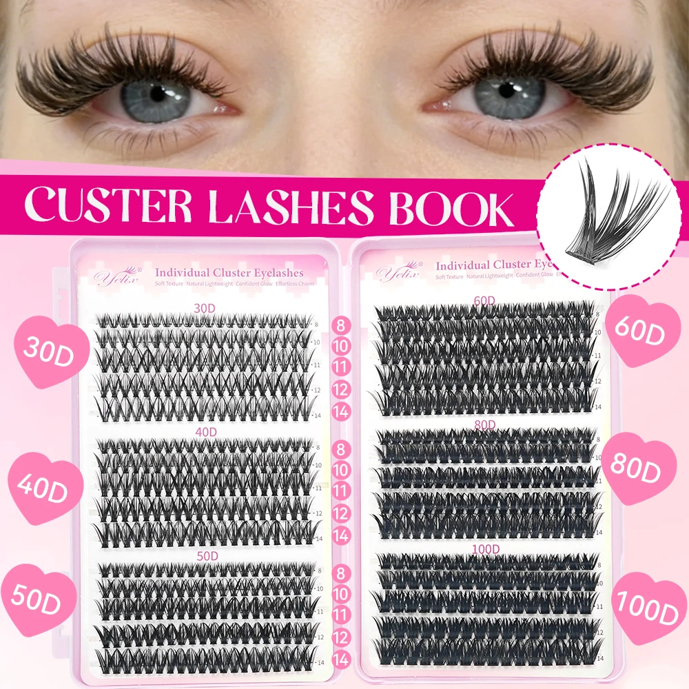 Yelix Large Capacity Cluster Lashes Book Various Styles Lightweight Fluffy Eyelashes Cluster Mixed Length Volume Fan Lashes