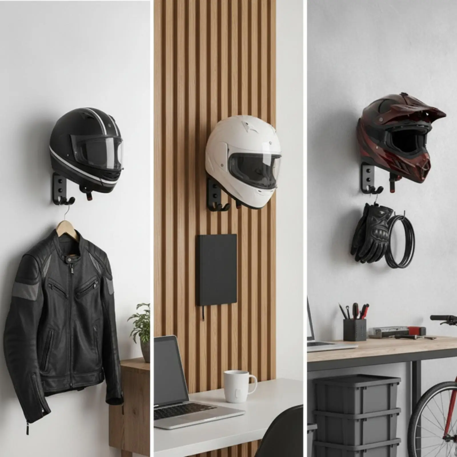 Space Saving Industrial Helmet Storage Rack Wall Mounted Beech Wood Shelf and Metal Hooks for Entryway Dressing Area