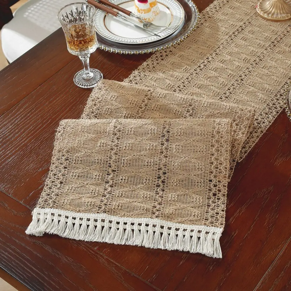 

American Style Cotton and Linen Table Runner Rustic Solid Color Boho Table Runner Rectangular with Tassel Tablecloth New Year