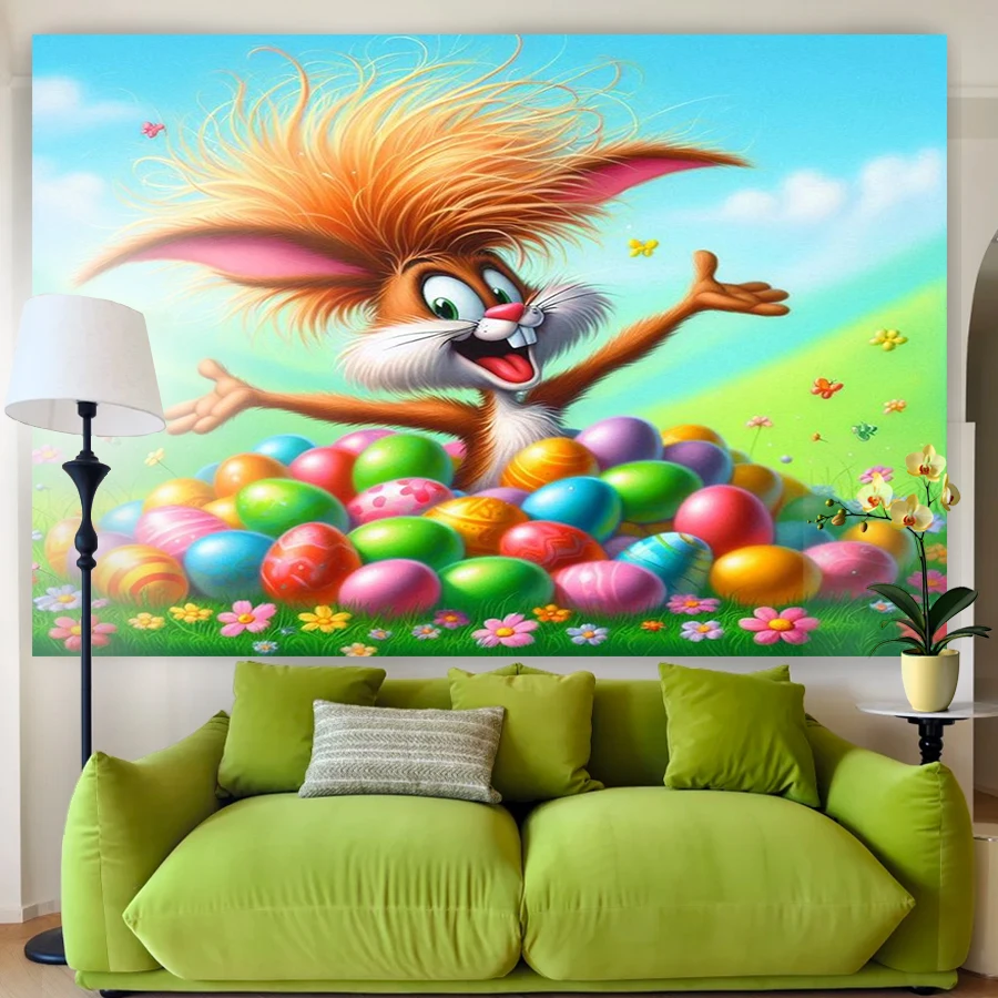 1PC Digital Printed Tapestry Wall Hanging, Cartoon Crazy Easter Bunny Colorful Egg Pile Funny, for Living Room Bedroom Decor