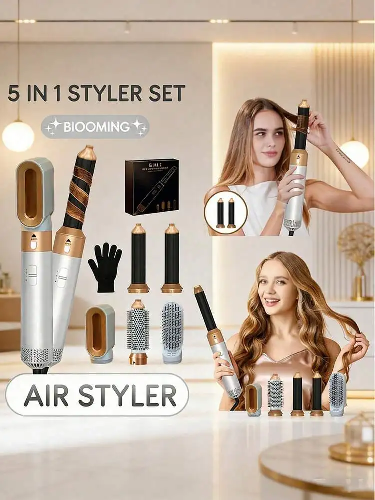 OEM Logo 5-in-1 Wired Hair Dryer and Straightener Set Upgraded Long Barrel with Ionic Feature AC Mo tor for Gift