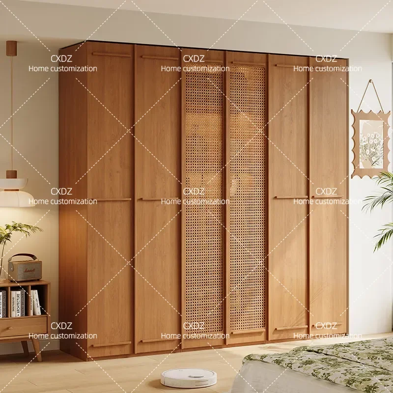 ENF Grade Solid Wood Wardrobe 2025 New Rattan Door Skeleton Line Bedroom Locker One Door to Top Large Storage Cabinet