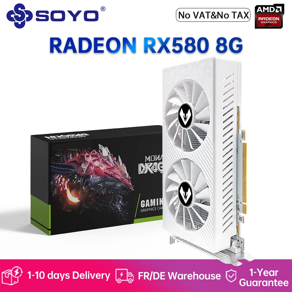 SOYO AMD Radeon RX580 8GB Gaming-Grafikkarte 2048SP GDDR5 256Bit PCIE 3.0 x16 DP DVI RX580 8GB GPU Desktop-Computer-Videokarte