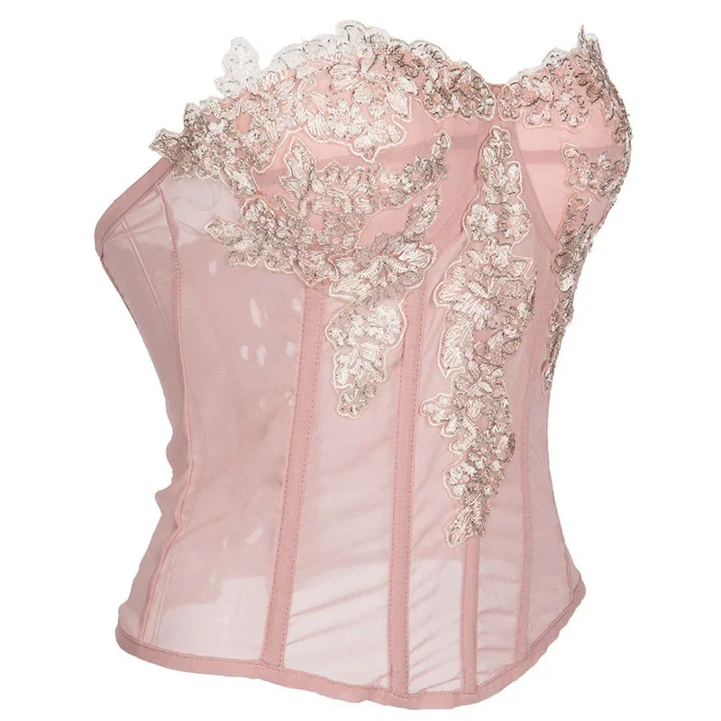 Pink Chiffon Lace Applique Corsets Top Overbust Bustiers Embroidery Padded Cup Lingerie Slimming Gothic Steampunk Women Corsets