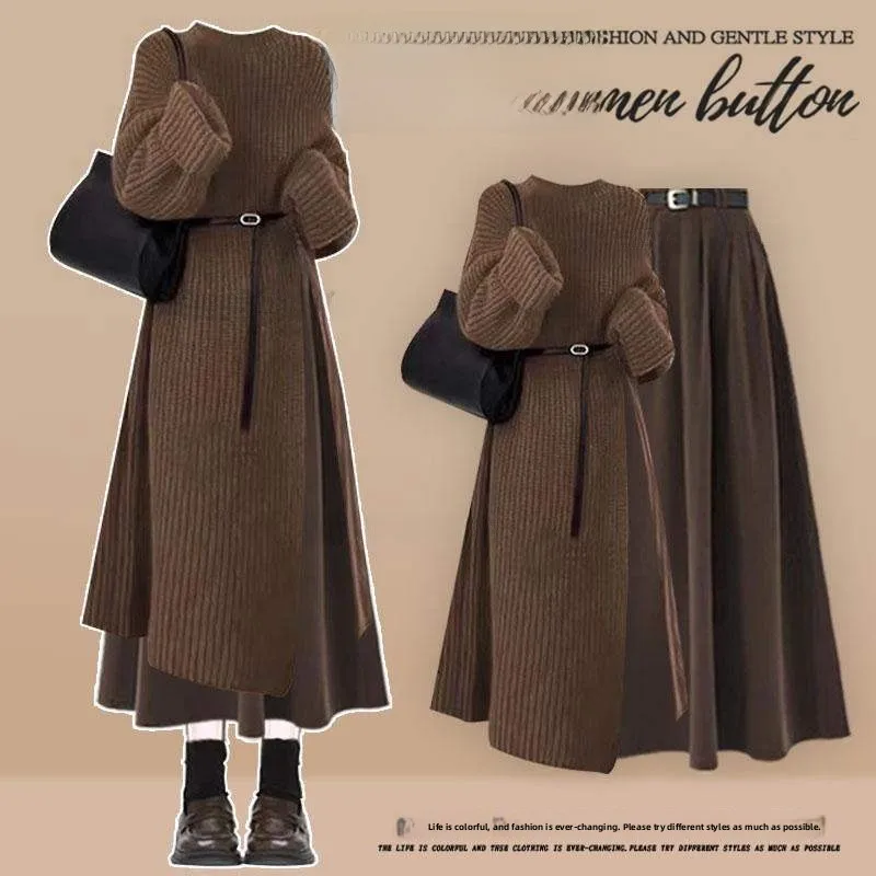 Conjunto de Moda Fena Plus Size, Casaco Longo de Suéter, Estilo Coreano, Saia Curta que Emaece, Conjunto de Duas Peças,...