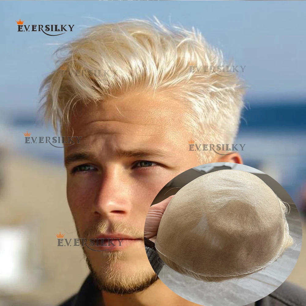 White Blonde#60R #1b80 Men's Toupee 100%Density Natural Hairline 0.04mm HD Poly Full Skin Base 1b20 VLoop Invisible Hair Prosthe
