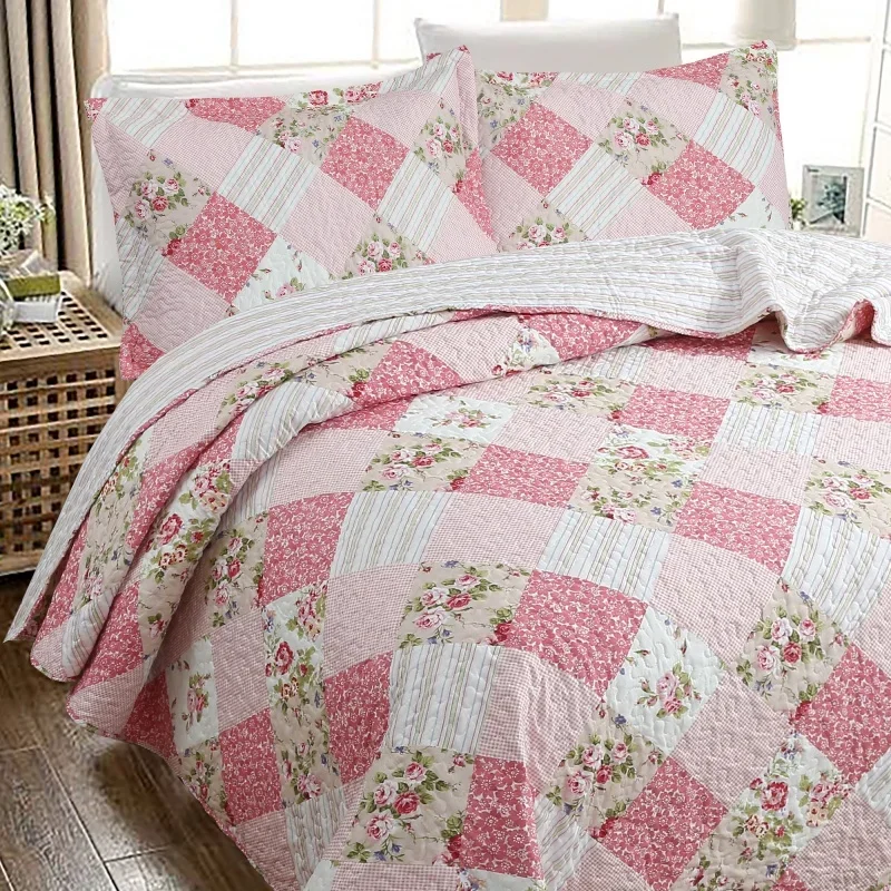 Pink Plaid Printed Flowers Summer Quilt Twin Queen Size Light Quilted Bedspread Air-conditioning Blanket Comforter Bedding Set