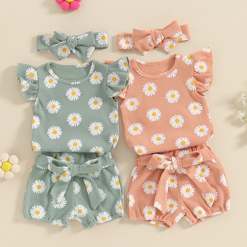 

Fashion Summer Baby Girl Clothes Set Daisy Print Fly Sleeve Romper + Tie Front Shorts + Headband 3PCS Kids infant Outfits