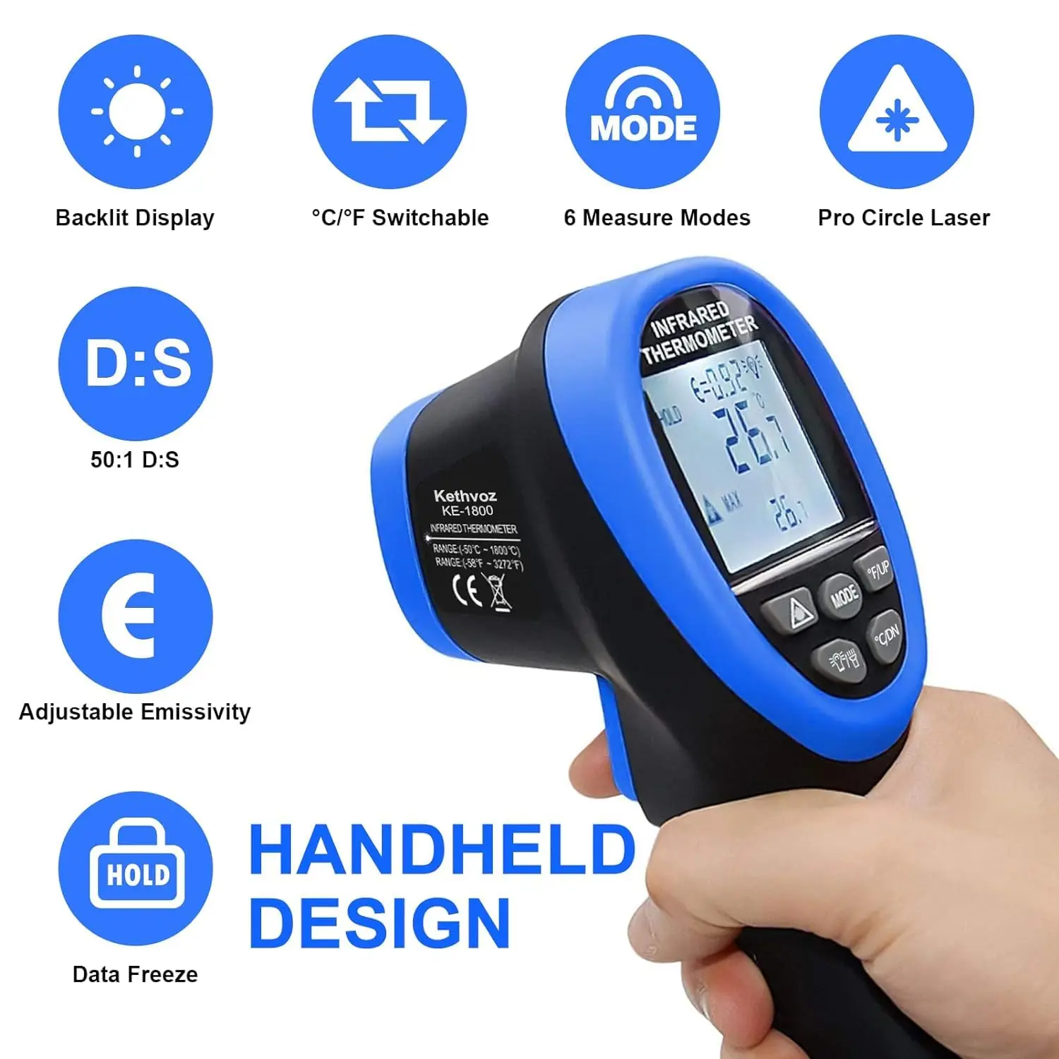

Infrared Thermometer Gun Digital Temperature Meter -50°C ~ 1800°C, IR Infrared Laser Pyrometer Gun with D: S = 50:1 & Emissivity
