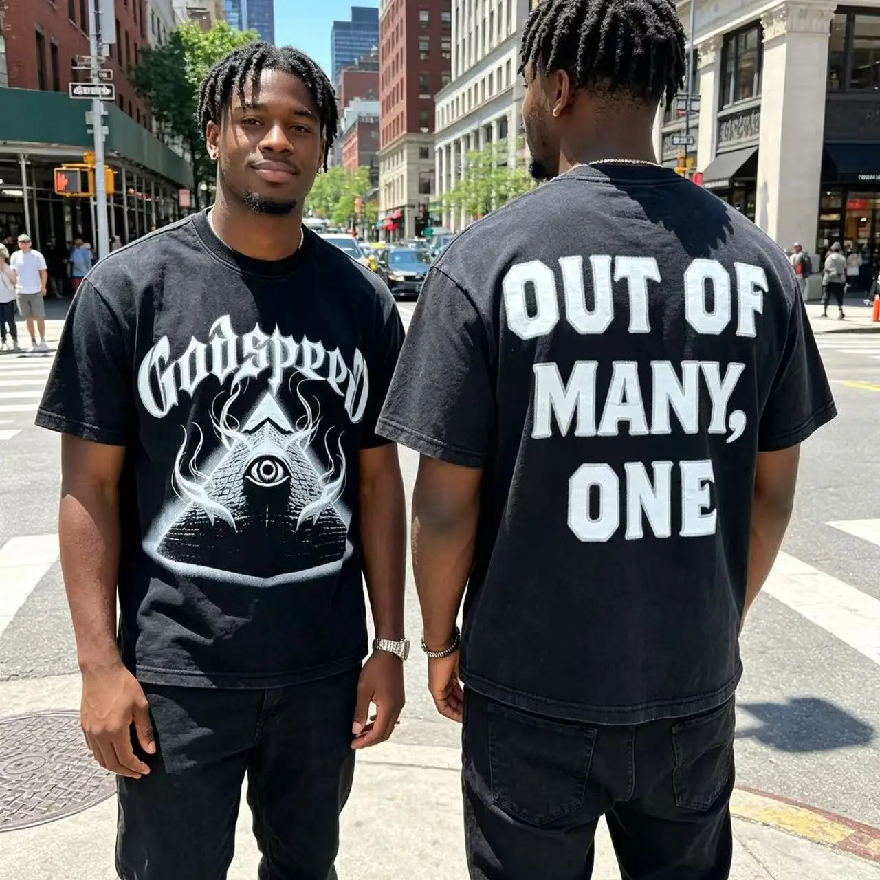 American Style Godspeed Devil Eye Print High Street Hip Hop Washed Pure Cotton Short Sleeve T-Shirt Streetwear Citywalk Casua...