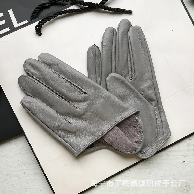 New Design Sexy Sheepskin Gloves for Women Half Palm Genuine Leather Gloves Party Show Mittens Black Grey Pink