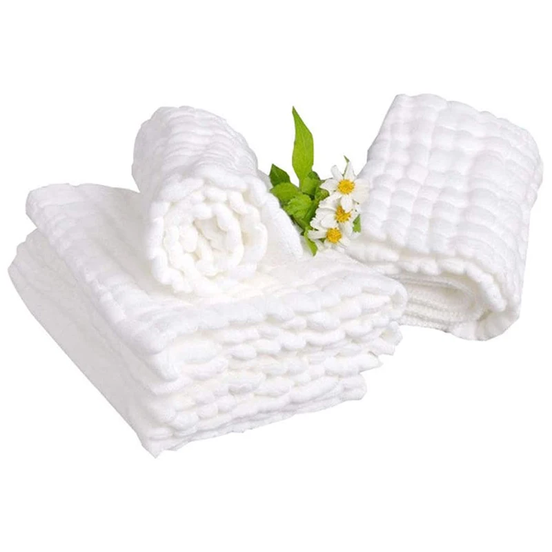 Baby Muslin Bath Towels, 10 Pack Of Reusable Soft Absorbent Cotton Baby Face Towel, for Baby's Delicate Skin White