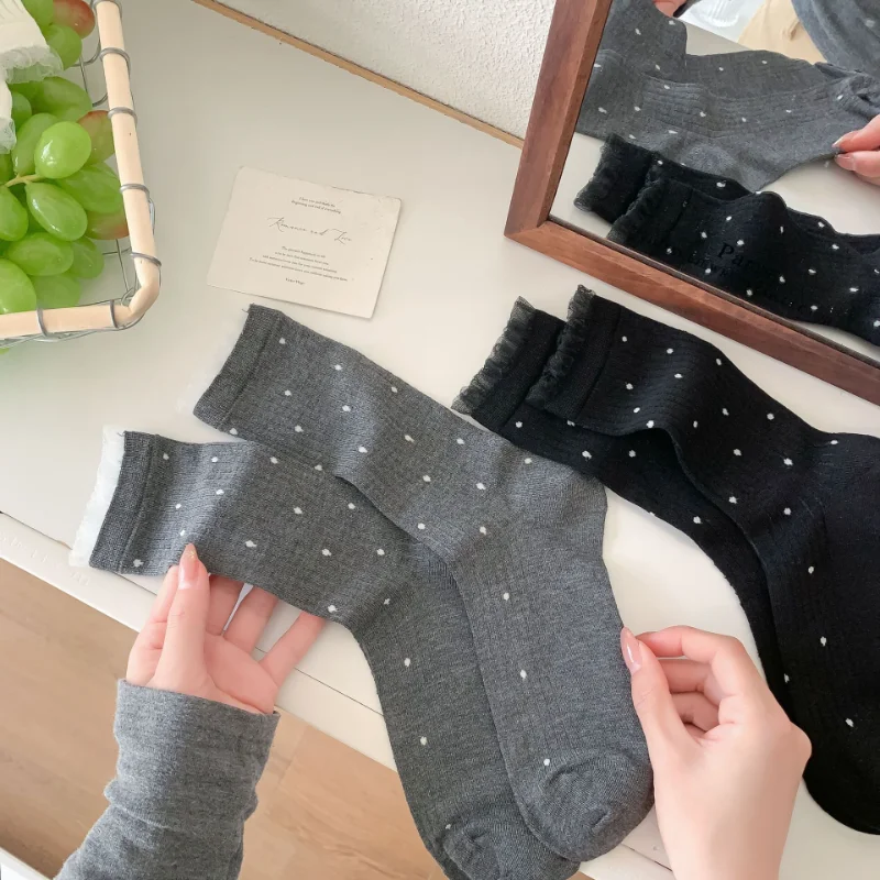 Letnie damskie skarpetki z włókna bambusowego oddychające odprowadzające wilgoć skarpetki Mid Crew Dot koronkowe wykończenia wzór w paski cienkie skarpetki na co dzień