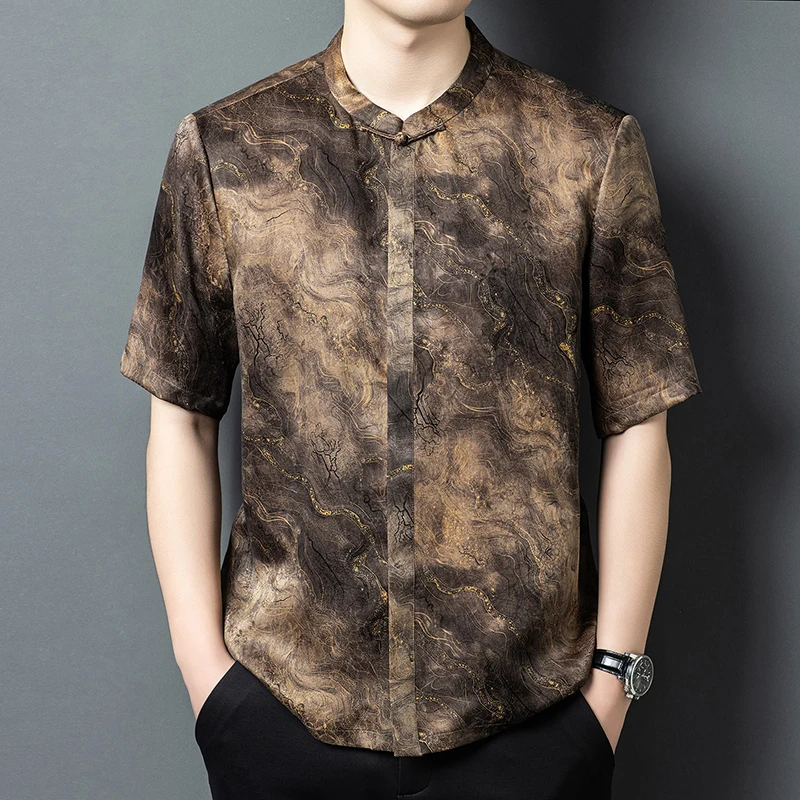 Covered Button Silk 100% Shirts For Men Short Sleeve Tang Costume Quality Comfortable Fit Skin-Friendly Design Camisas De Hombre