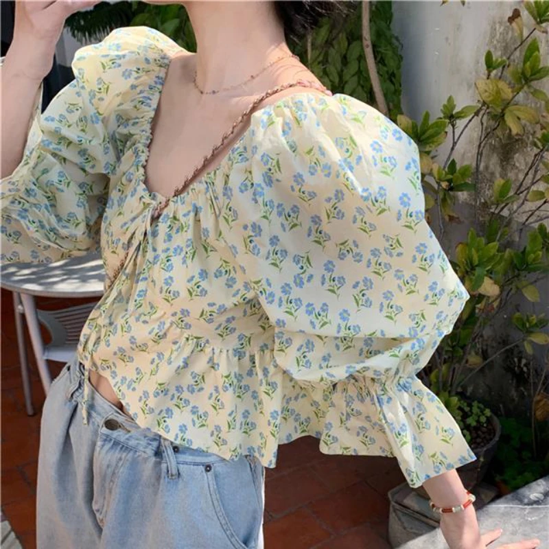 Camicette Donna Scollo a V Blusas Chic Stampa vintage Stile francese Manica a sbuffo Gentle Spring Crop Top Pieghe progettate All-match Fashion