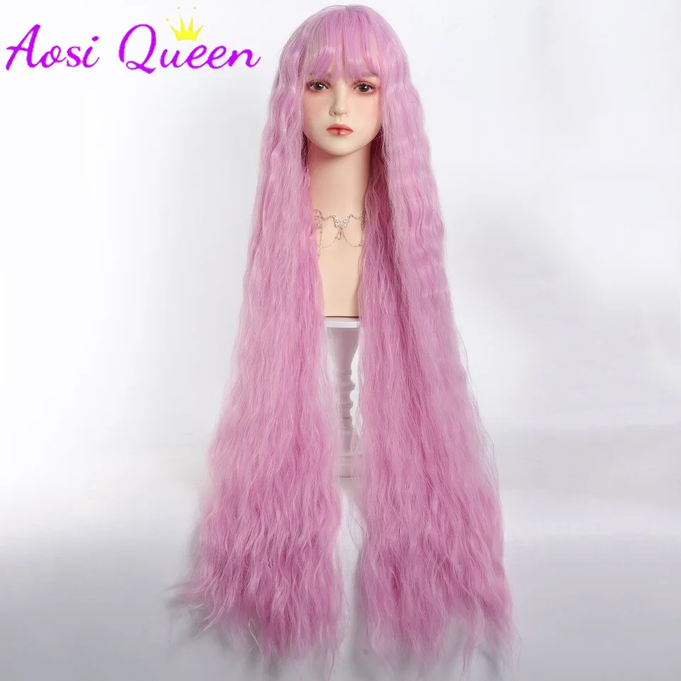 AOSIQUEEN Synthetic Cherry Blossom Pink Long Curly Hair Band With Straight Bangs Wig Lolita Water Wave COS Wig