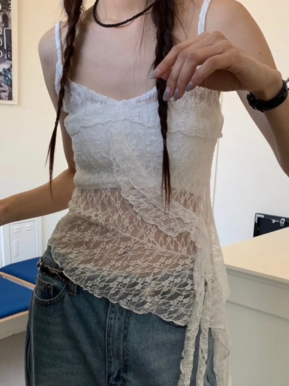 Chic Spitze Übergroßen Crop Top frauen Sommer Neue Sle Pure Desire Sexy Layered Weste Bluse Mid-Länge Svel oberbekleidung