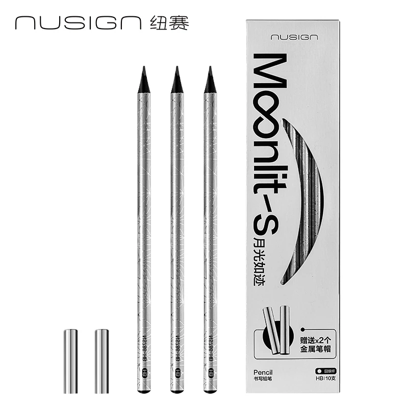 10PCS Deli Nusign NS786 Silver Round Black Wood Pencils HB/2B Lead-Free School Office Use Pencils in Box