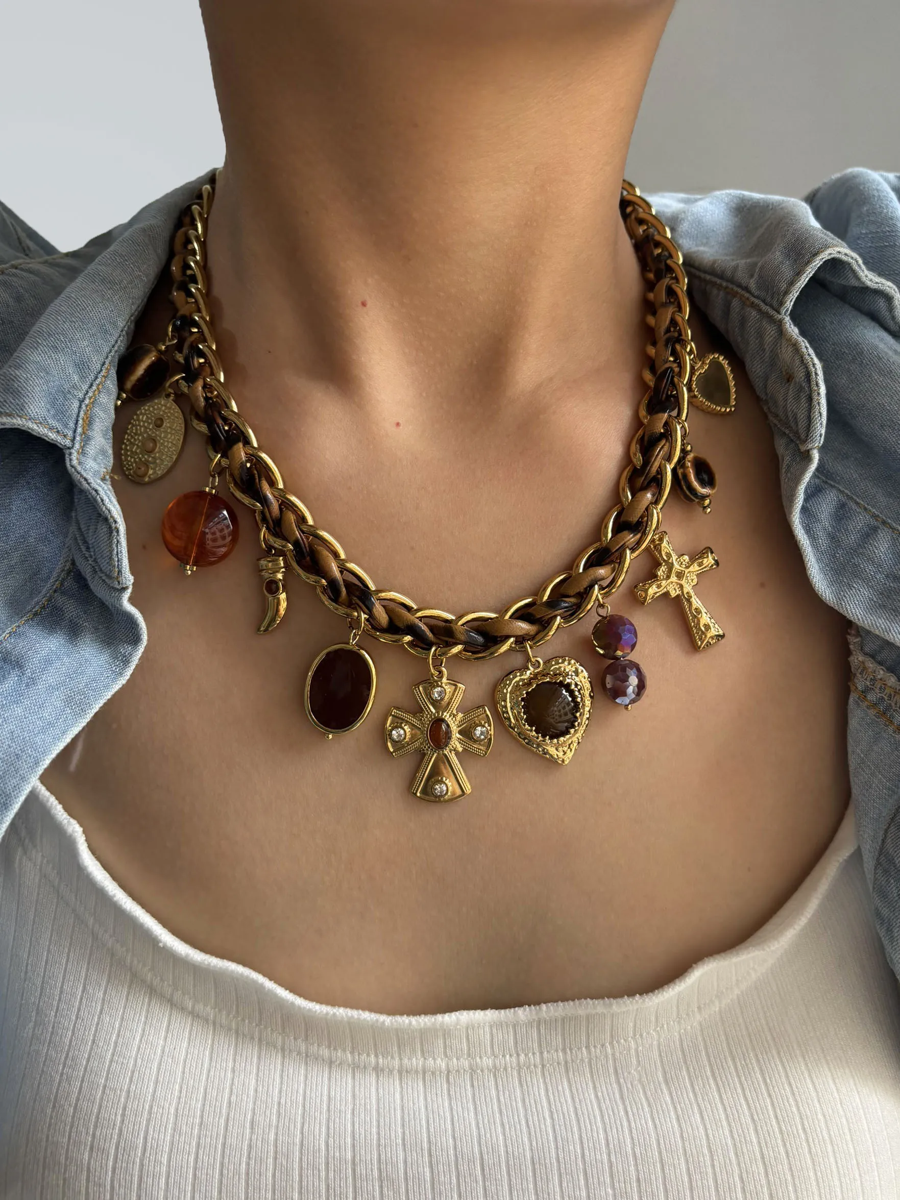 Peri'sbox خمر سر متشابكة سميكة قلادة حجر الراين المينا الصليب الاكريليك البيضاوي قلادة رائعة الحنين هدية النساء #1