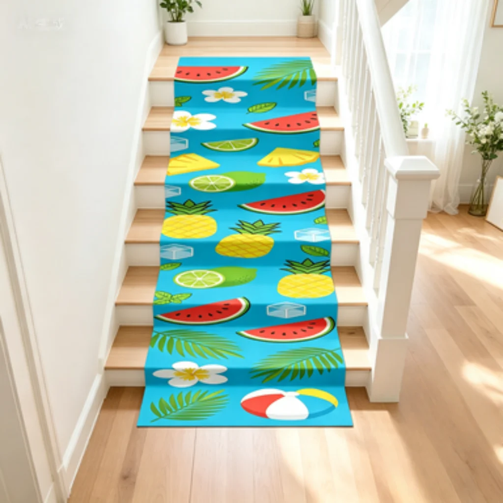 Tropical Palm Turtle Fruit Self-Adhesive Stair Mat, Soft Healing Simple Long Tread Pad, Soundproof Non-Slip Step Protector.