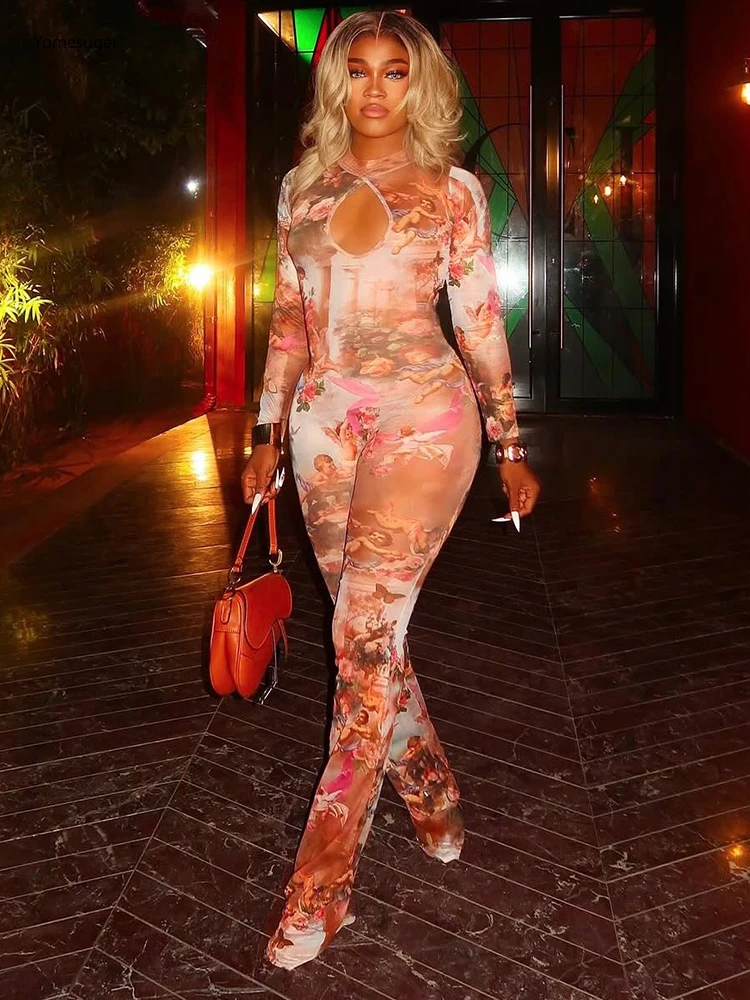 

Yomesugar Colorful Print Jumpsuits Women Sexy Mesh See Through Hollow Full Sleeve Skinny Rompers Coquette Midnight Clubwear