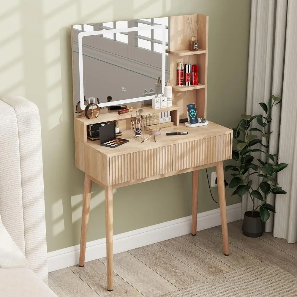 

31.5 LED Lighted Makeup Vanity Desk with Charging Station, Solid Wood Legs, Natural Oak Finish