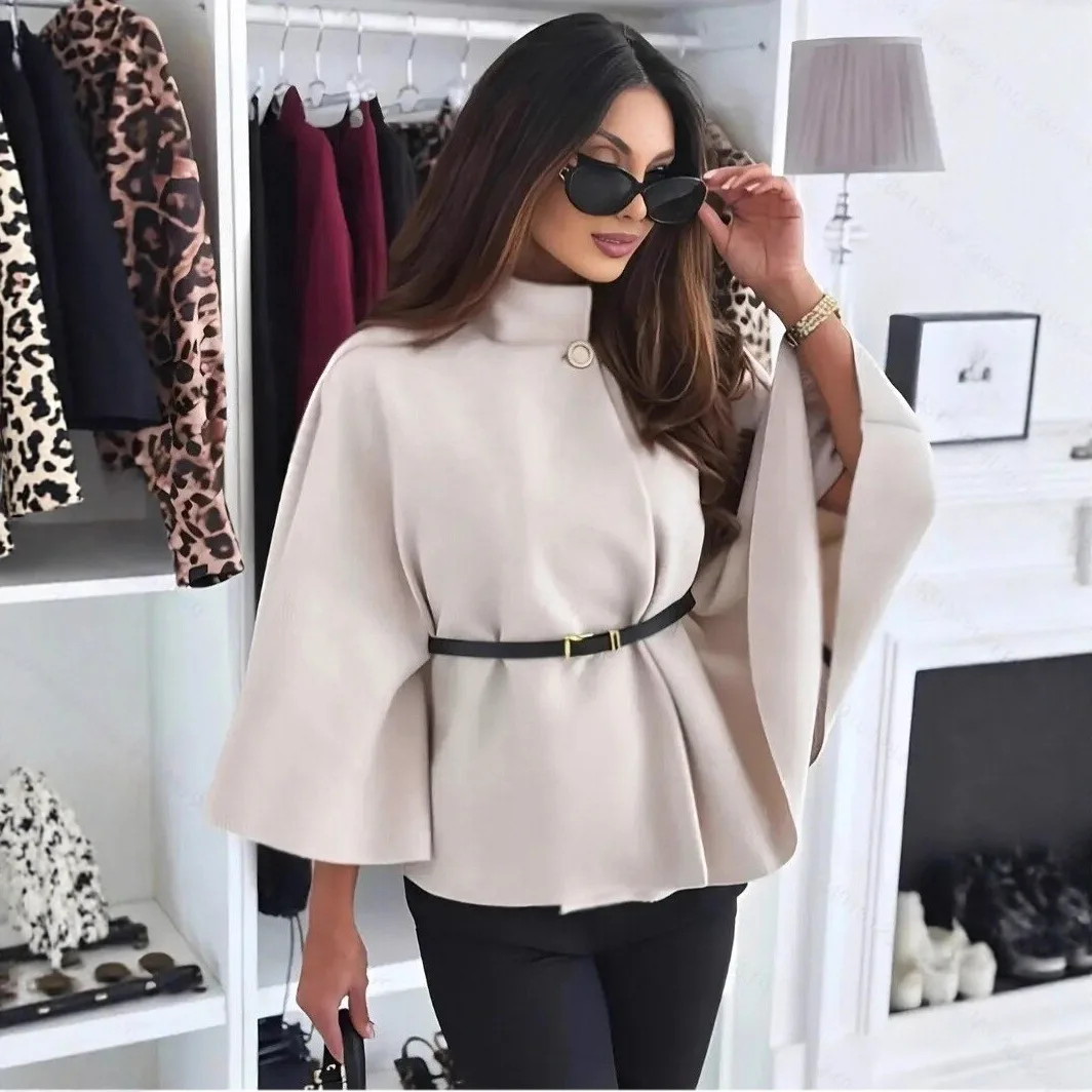 

Elegant Coat Warm Chic Stylish Coat Wool Blend Tailored Coat Tie Waist Belted Cape For Women Winter Fashion Slim Fit Classic
