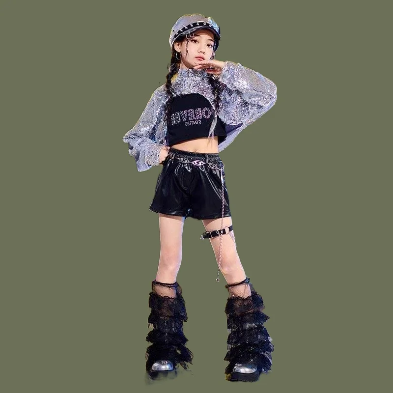 

Hip Hop Jazz Children's Performance Costumes Clothing Cool And Handsome Sequined Tops Girls' Suits Boys' Street Dance Leather
