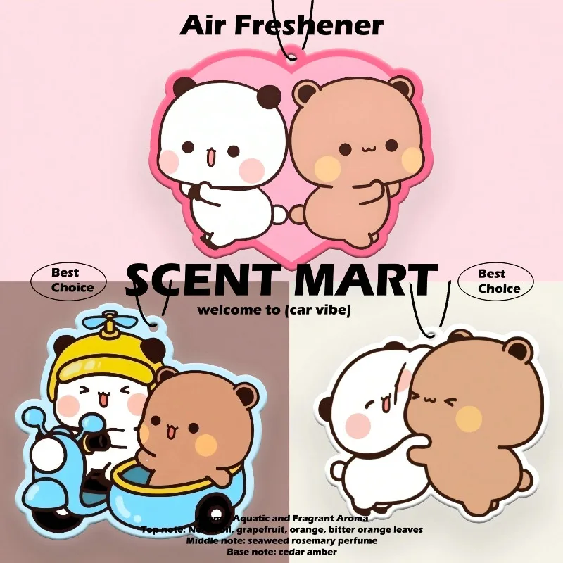BUBU & DUDU cute bear couple emoji car freshener — fits vents, mirrors, Great as a car scent strip, mirror charm