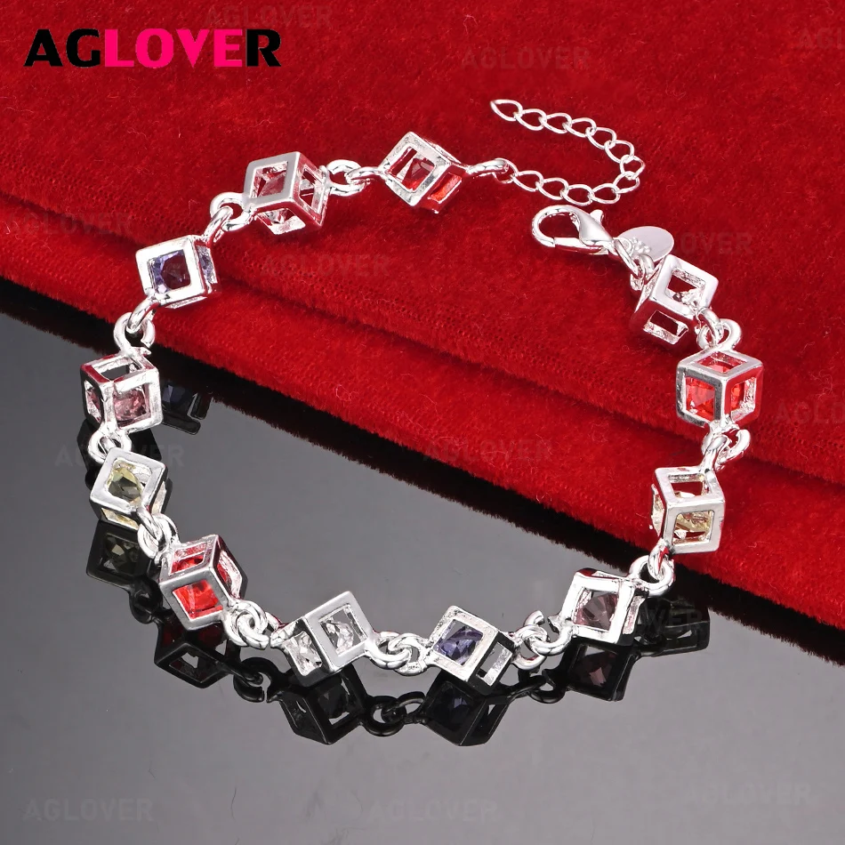 

AGLOVER 925 Sterling Silver Checkered Colorful Zircon Bracelet Cute Charm Woman Birthday Gift Jewelry