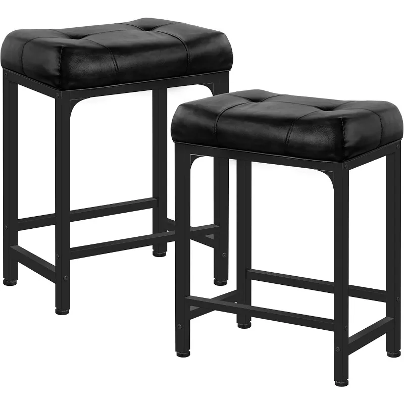 Bar Set of 2, 24 Inch Counter-Height , PU Leather Barstools with Metal Base, Footrest, Industrial