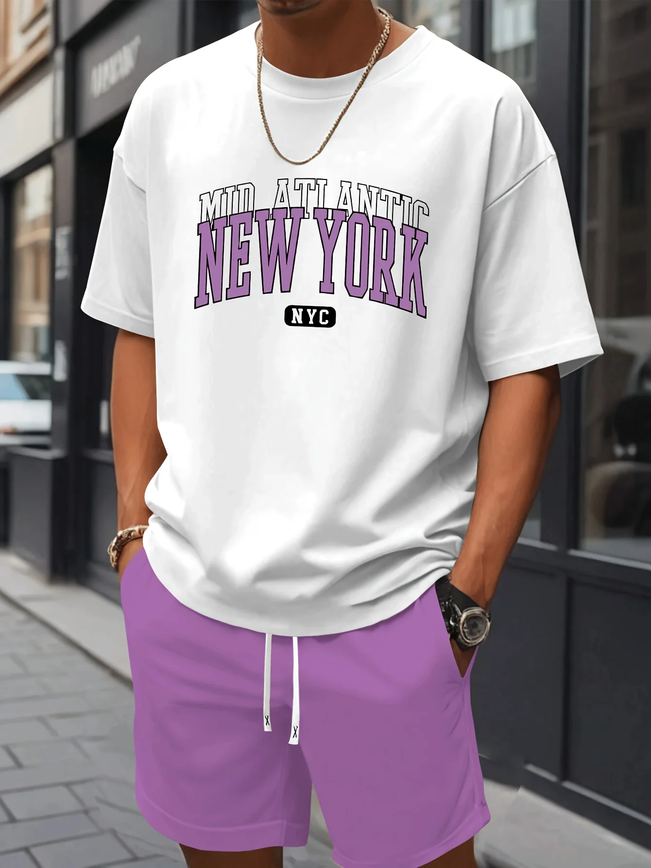 New York Men's Short-Sleeve T-Shirt and Shorts Set Relaxed-Fit Casual T-Shirt Creative Streetwear T-Shirt Unique Casual Apparel
