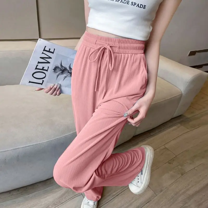 Loose Fit Straight Leg Pants Casual Versatile Summer New Style Women's High Waist Knitted Trousers Comfortable All-Match Leisure