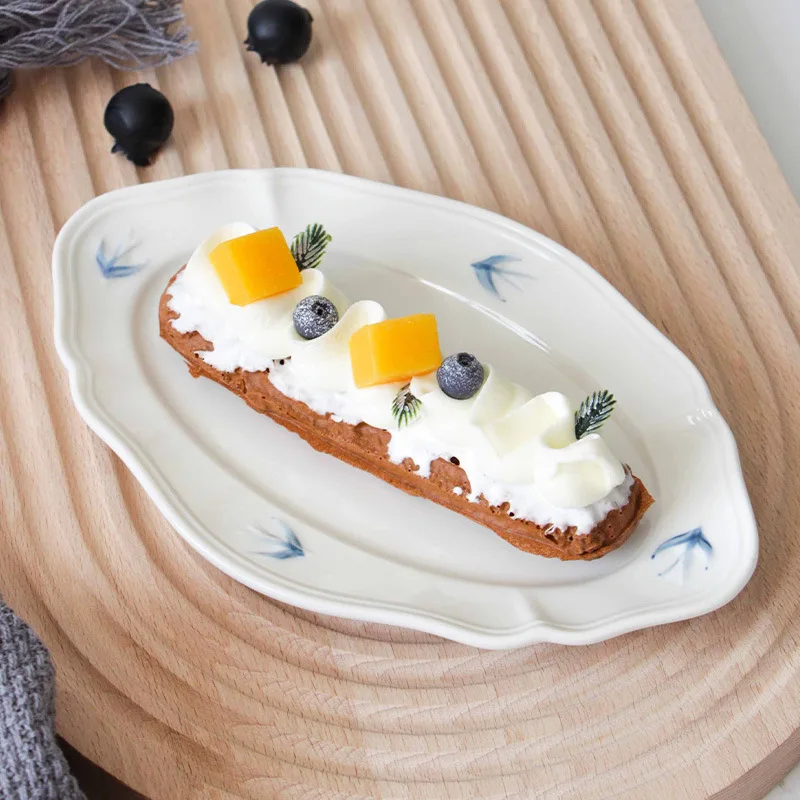 Japanese Instagram Vintage Ceramic Plate Relief Hand Painted Swallow Deep Plate High Beauty Vegetable Salad Dessert Plate