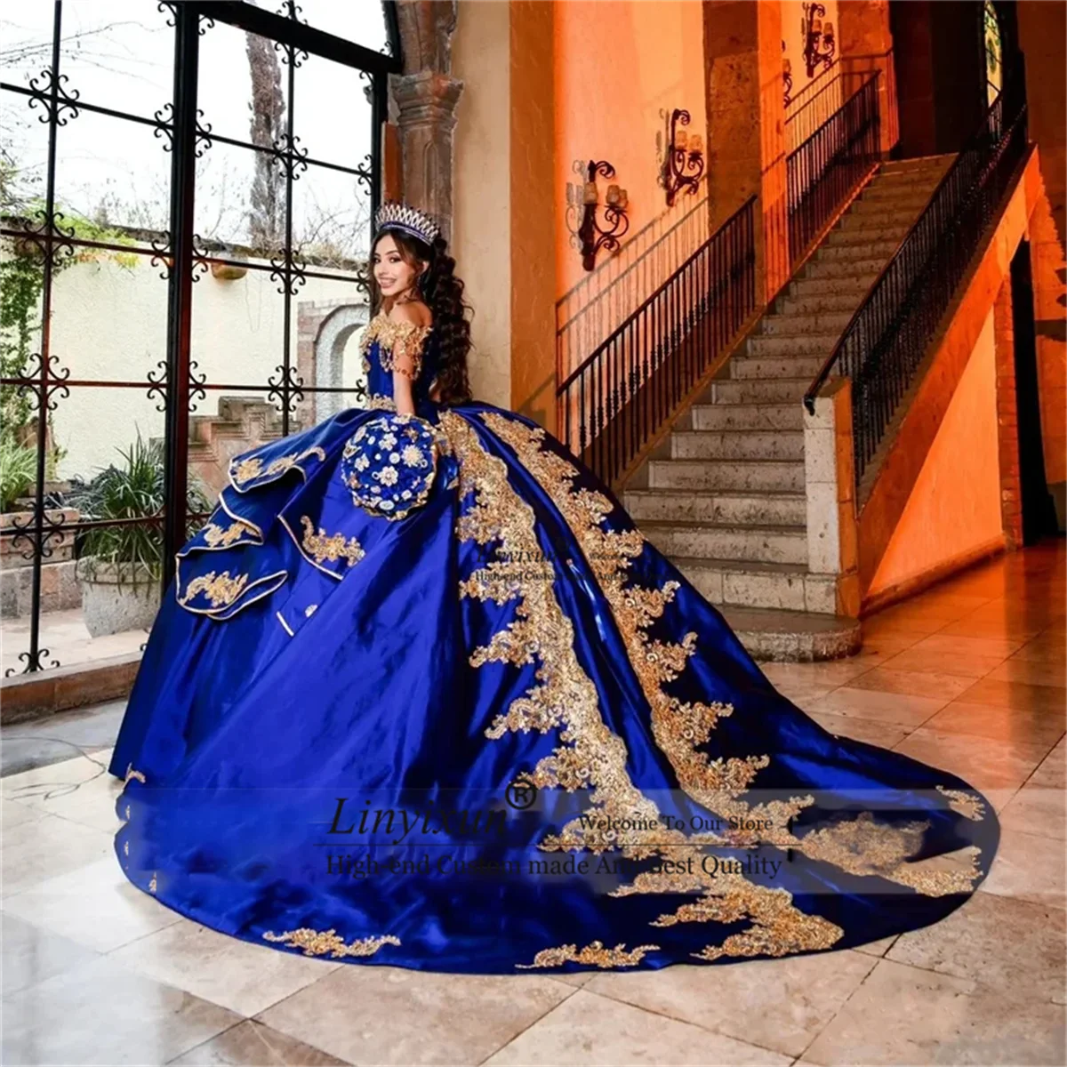 Glitter Royal Blue Vestido Quinceanera, miçangas lantejoulas, cristais Applique, diamantes, vestido mexicano para aniversário de 15 anos